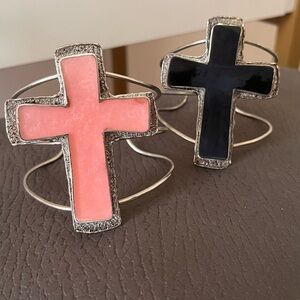Pink and Black Cross Cuff Bracelets Thick - Set of 2 NWOT